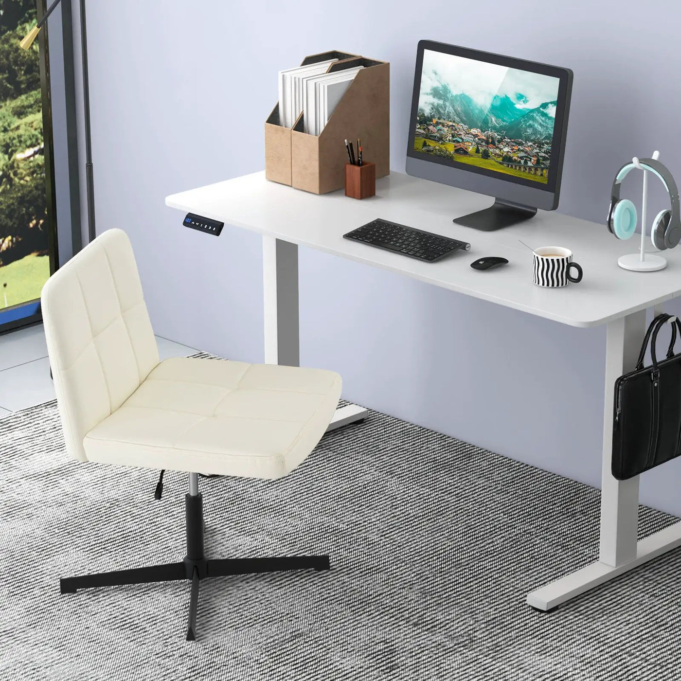 PU Leather Upholstered Cross-legged Office Chair with Oversized U-shaped Seat for Home Office Make Up by DirectDeals