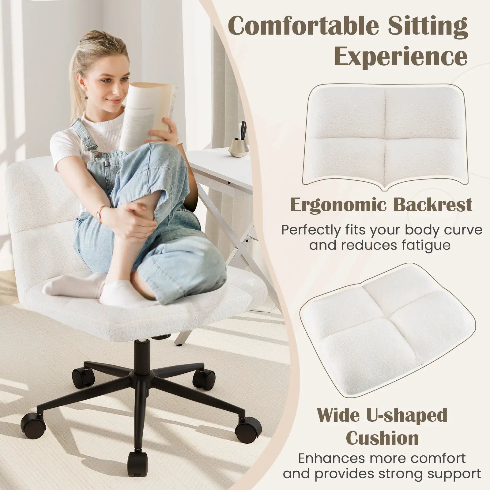 Cross Legged Chair with Wheels with Padded Seat Adjustable Height for Bedroom Study-Beige by DirectDeals
