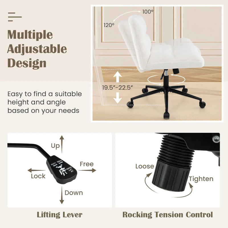 Cross Legged Chair with Wheels with Padded Seat Adjustable Height for Bedroom Study-Beige by DirectDeals