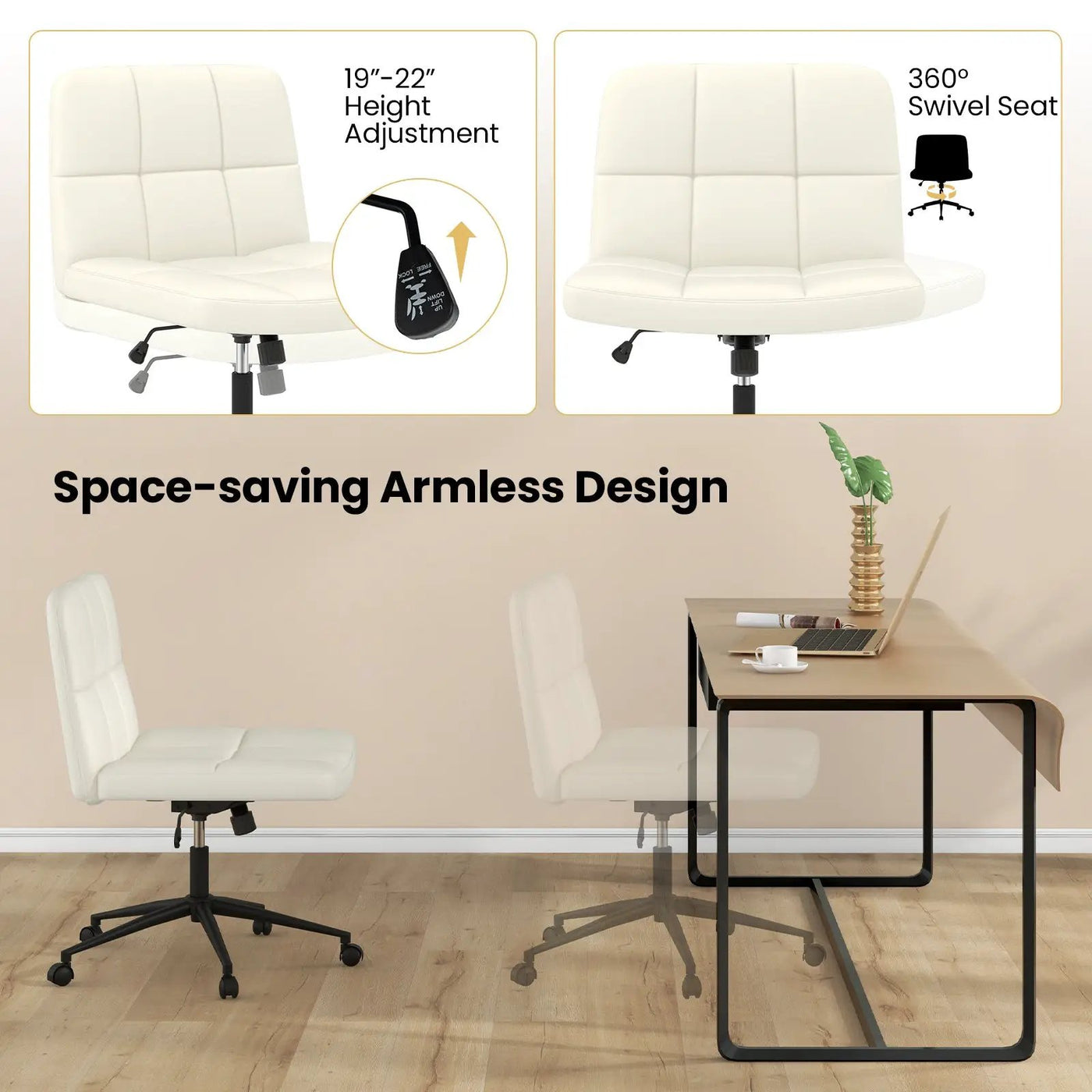 Height-adjustable Armless Desk Chair with Wheels for Home Office Make Up by DirectDeals