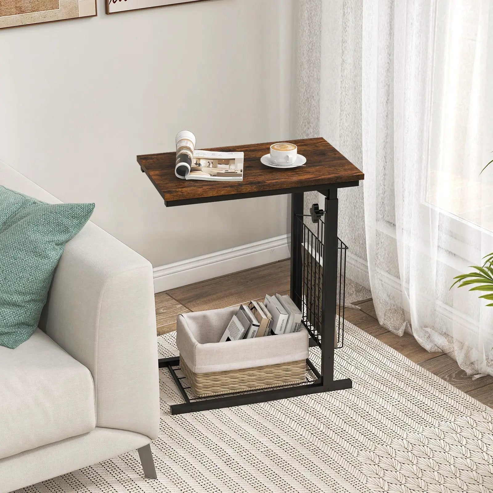 C-shape Sofa Side Table with Storage Basket-Rustic Brown by DirectDeals
