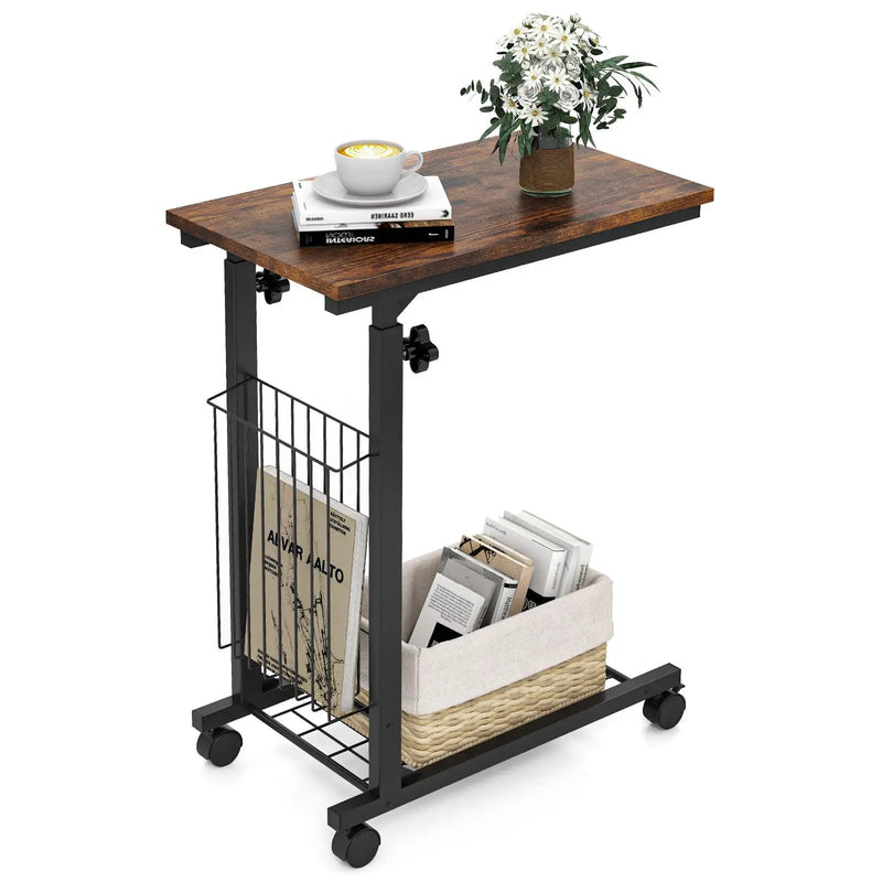C-shape Sofa Side Table with Storage Basket-Rustic Brown by DirectDeals