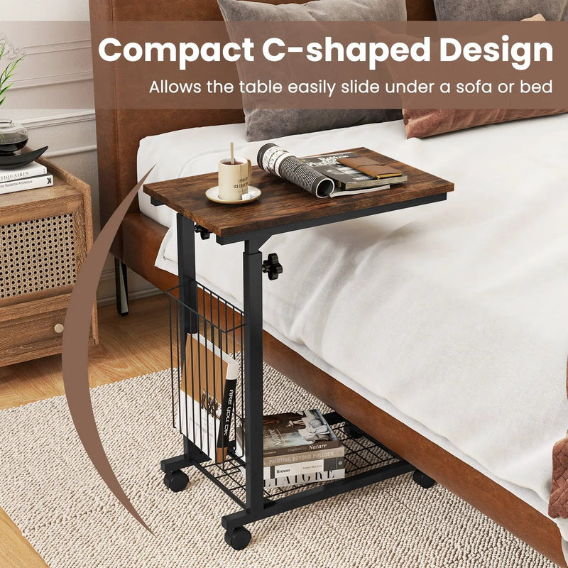 C-shape Sofa Side Table with Storage Basket-Rustic Brown by DirectDeals