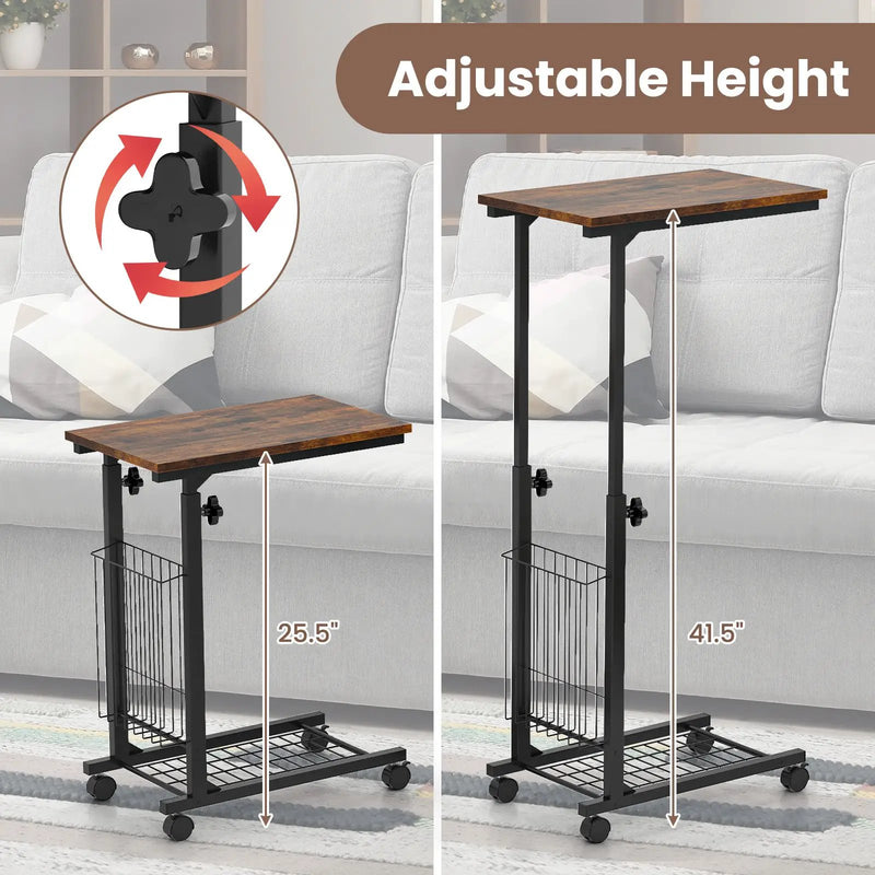 C-shape Sofa Side Table with Storage Basket-Rustic Brown by DirectDeals