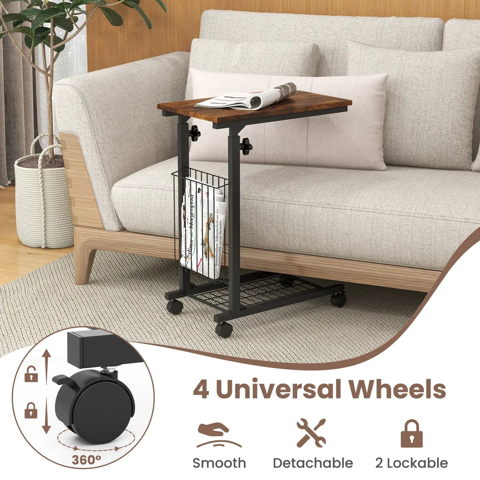 C-shape Sofa Side Table with Storage Basket-Rustic Brown by DirectDeals