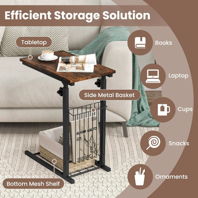 C-shape Sofa Side Table with Storage Basket-Rustic Brown by DirectDeals