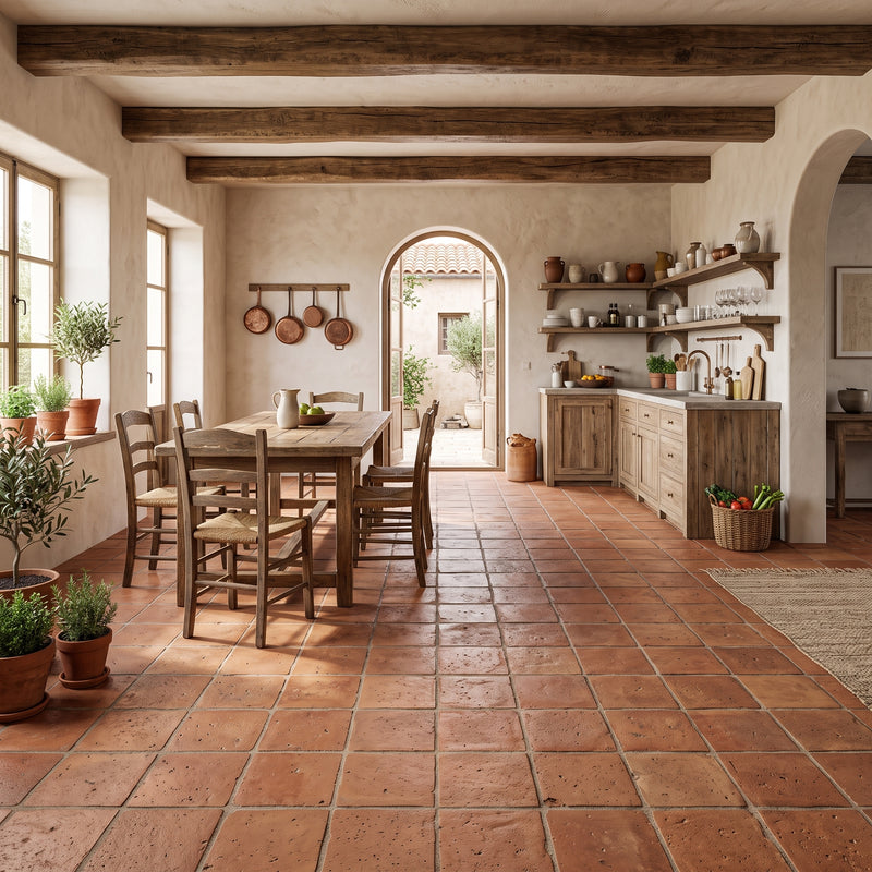 A rustic, warm-toned kitchen and dining room interior with terracotta tile floors, exposed wooden ceiling beams, a wooden dining table and chairs, and a wooden kitchen cabinet area with shelves and potted plants.