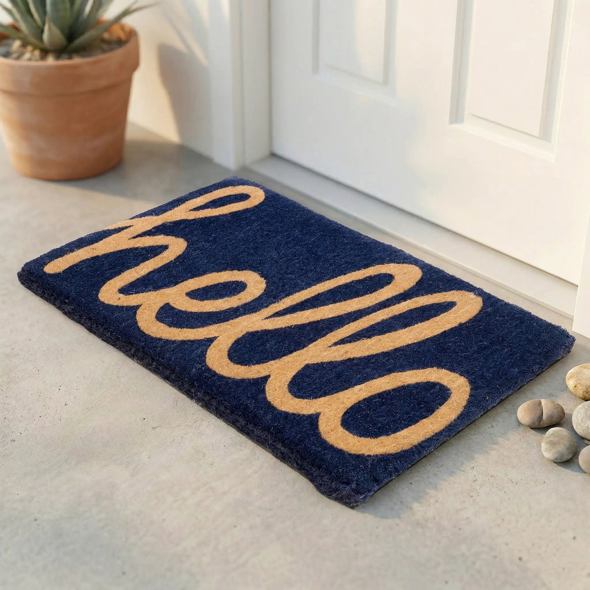 Cursive Hello Doormat Handwoven, Durable - Dark Blue by Fab Habitat