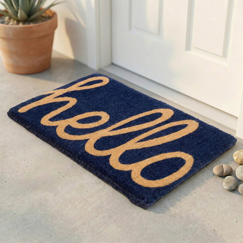 Cursive Hello Doormat Handwoven, Durable - Dark Blue by Fab Habitat