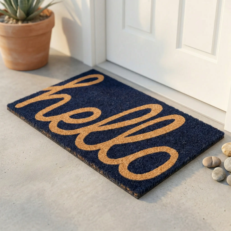 Cursive Hello Doormat Handwoven, Durable - Dark Blue by Fab Habitat