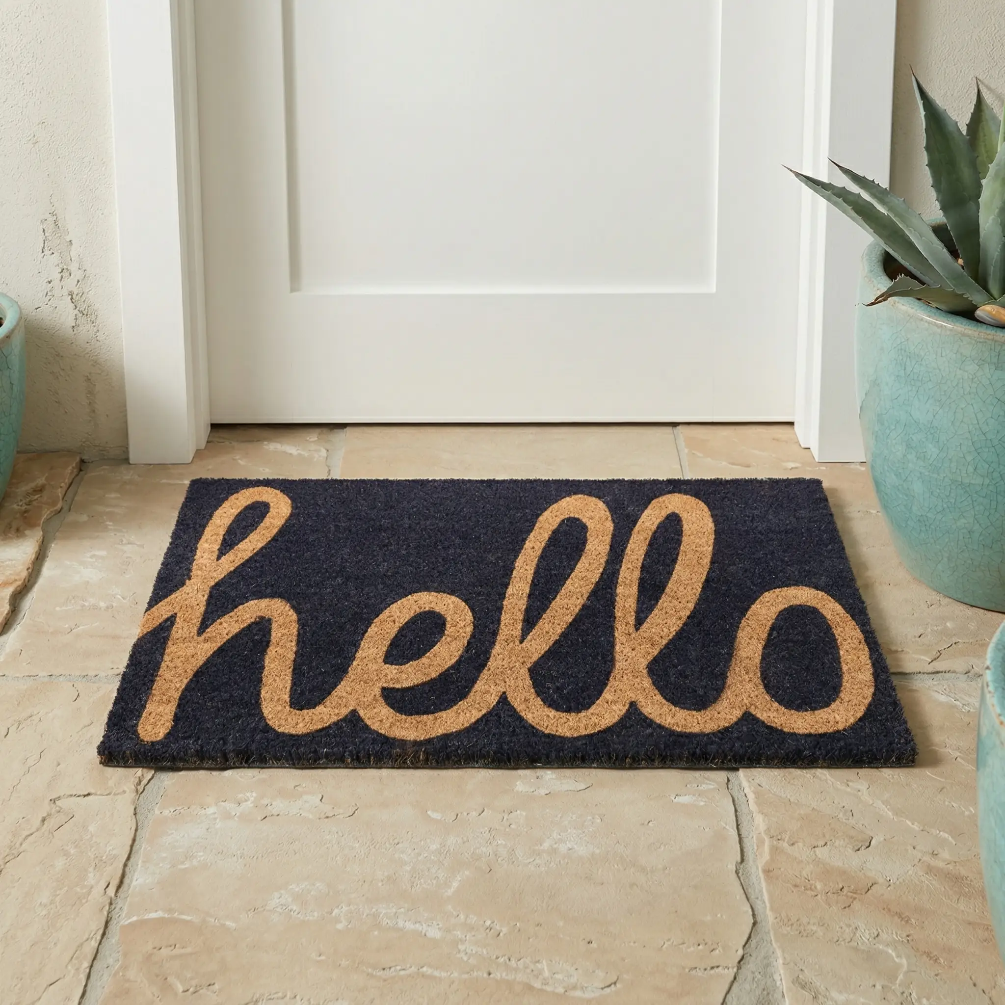 Cursive Hello Doormat Handwoven, Durable - Dark Blue by Fab Habitat