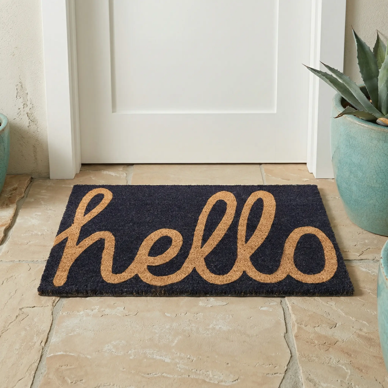 Cursive Hello Doormat Handwoven, Durable - Dark Blue by Fab Habitat