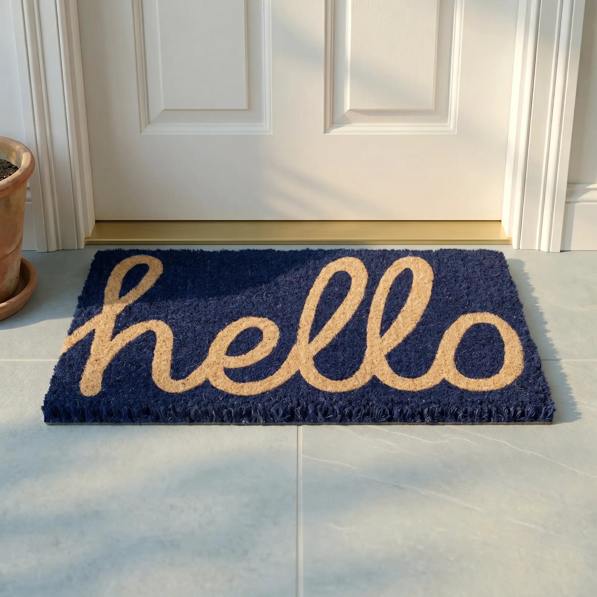 Cursive Hello Doormat Handwoven, Durable - Dark Blue by Fab Habitat