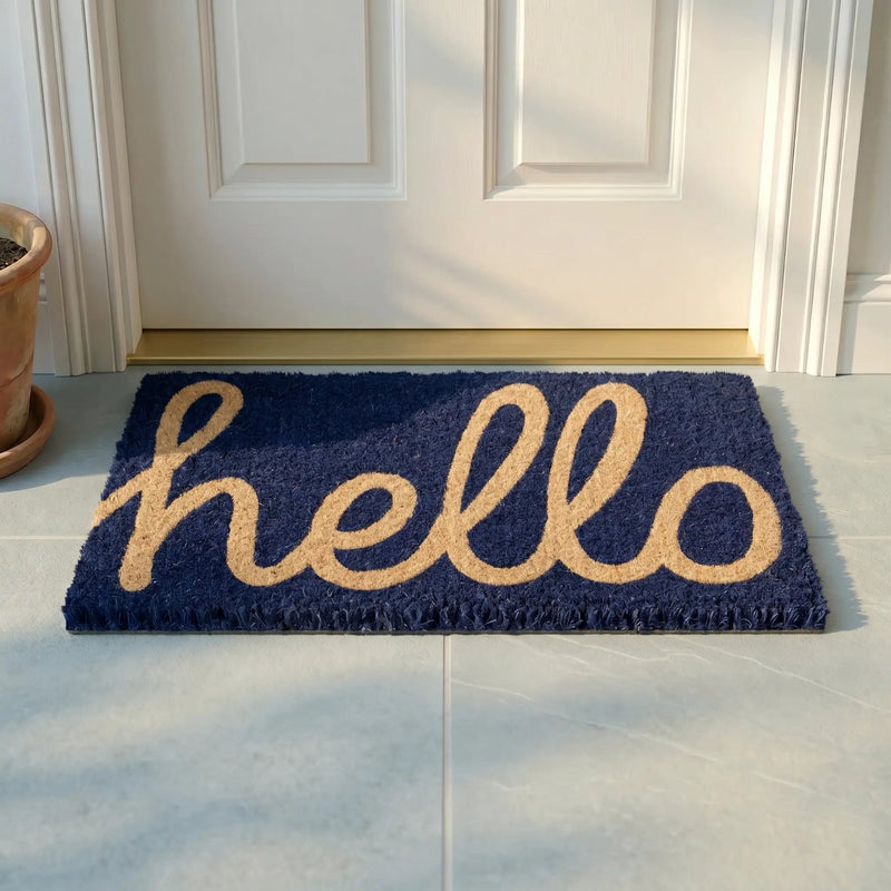 Cursive Hello Doormat Handwoven, Durable - Dark Blue by Fab Habitat