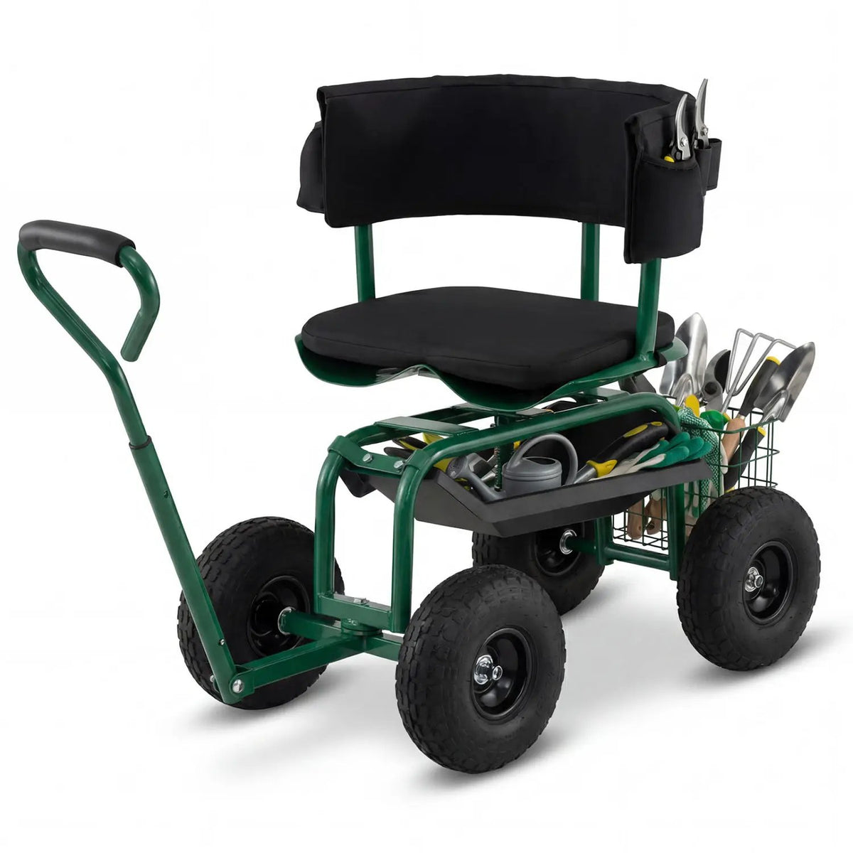 Cushioned Rolling Garden Cart Scooter with Storage Basket and Tool Pouch by DirectDeals