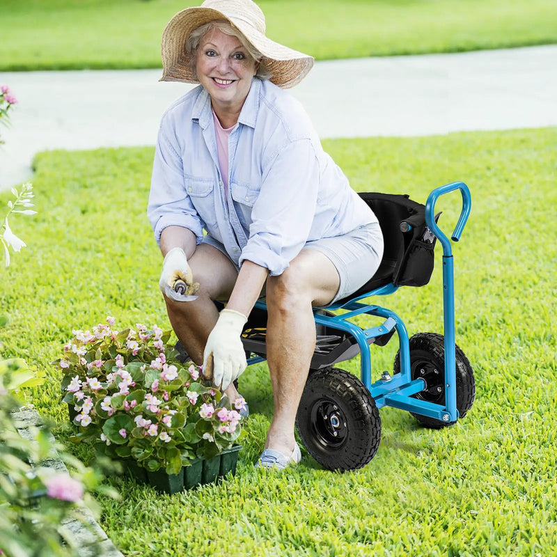 Cushioned Rolling Garden Cart Scooter with Storage Basket and Tool Pouch by DirectDeals
