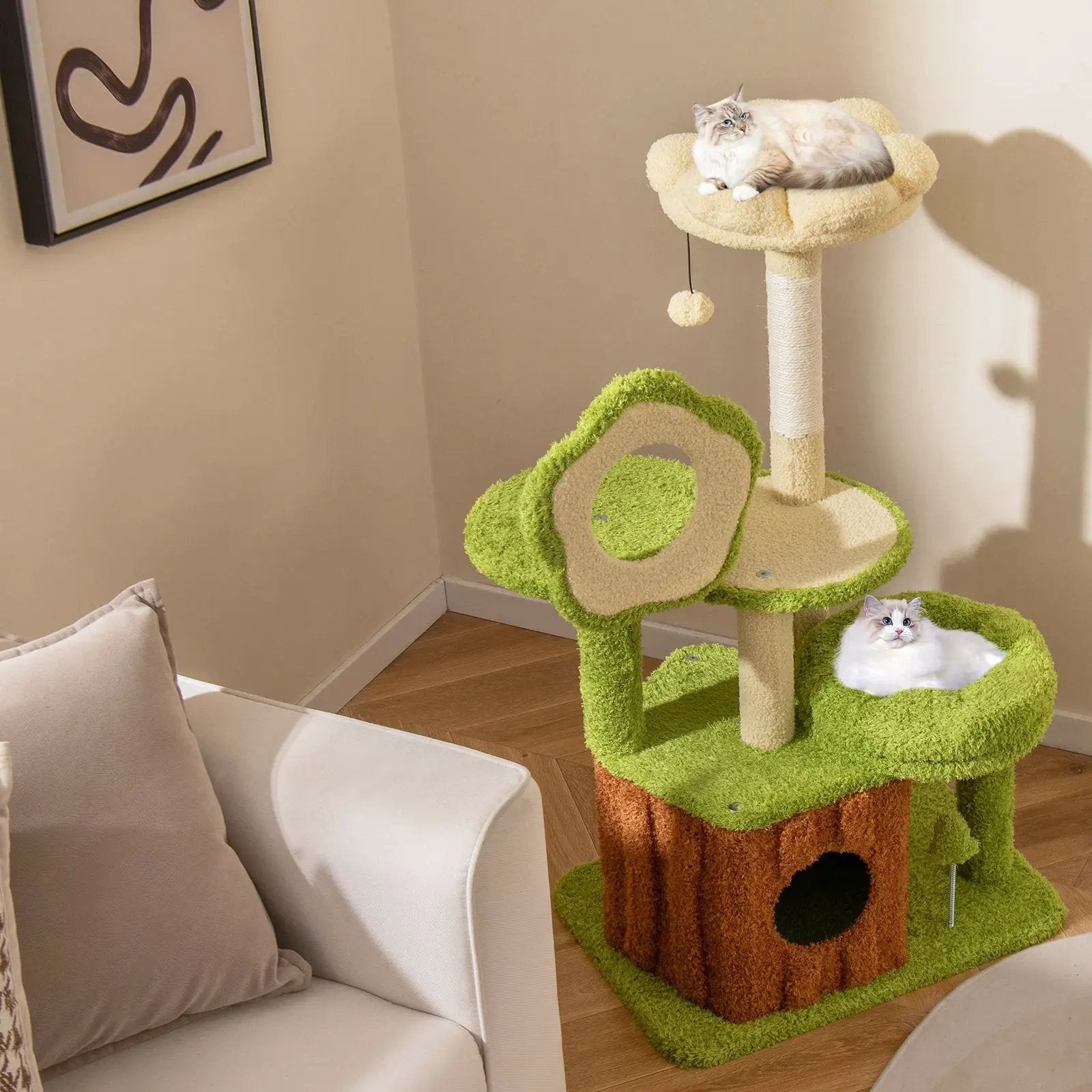 Cute Cat Tree for Adult Cats Multi-level Kitty Tower with Trunk Condo-Green by DirectDeals