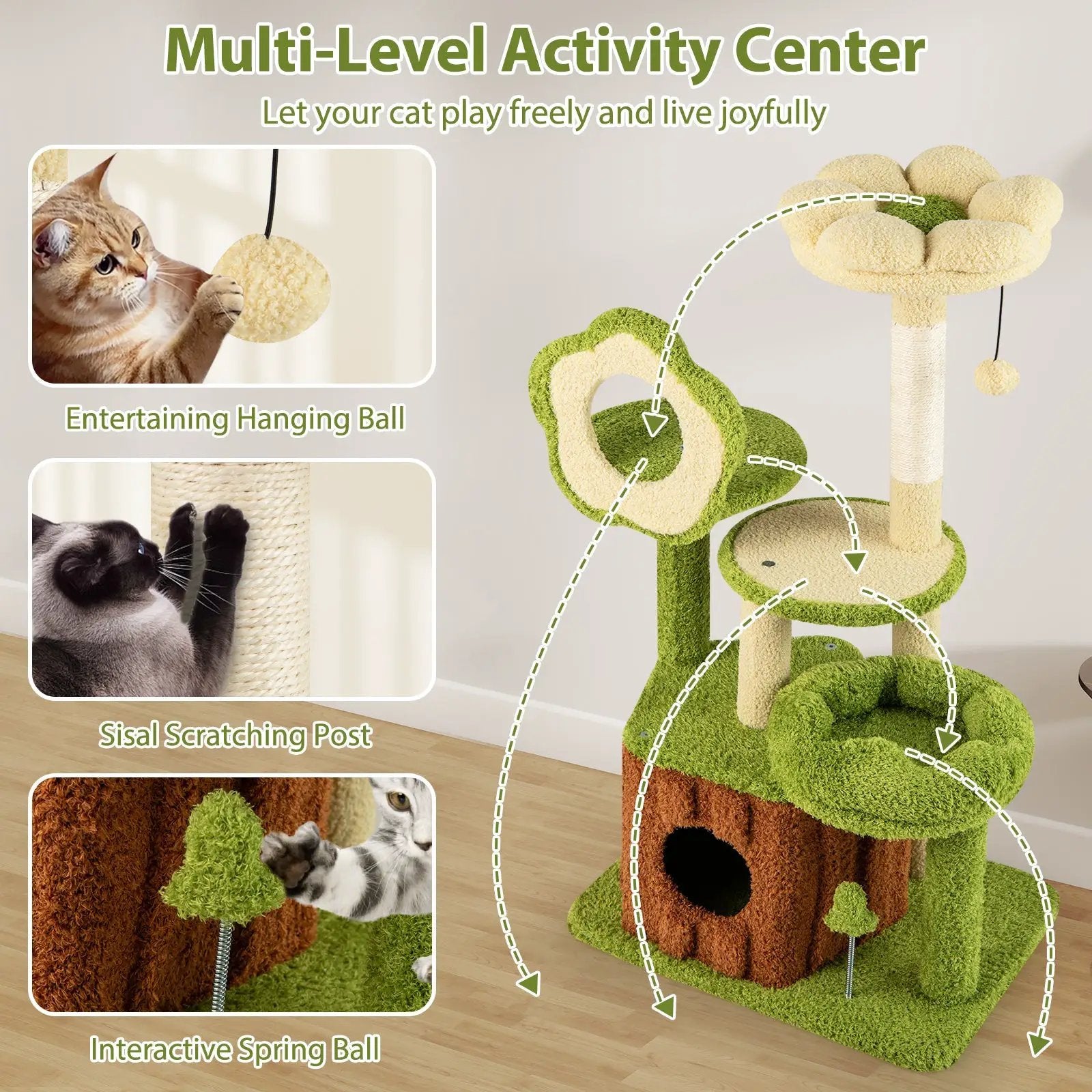 Cute Cat Tree for Adult Cats Multi-level Kitty Tower with Trunk Condo-Green by DirectDeals