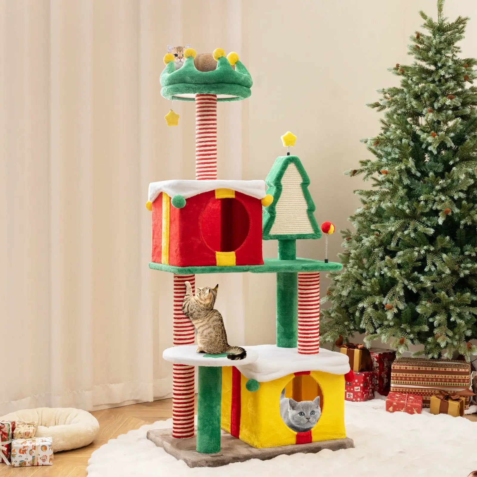 Cute Christmas Cat Tree Cat Tower for Indoor Cats with Scratching Posts and Carpet-Multicolor by DirectDeals