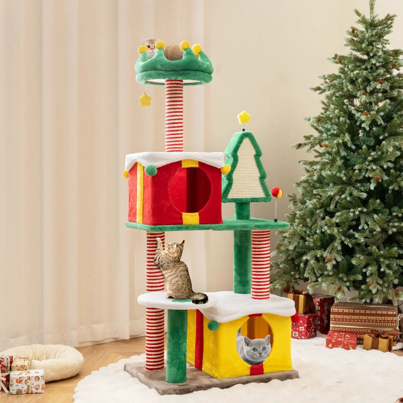 Cute Christmas Cat Tree Cat Tower for Indoor Cats with Scratching Posts and Carpet-Multicolor by DirectDeals