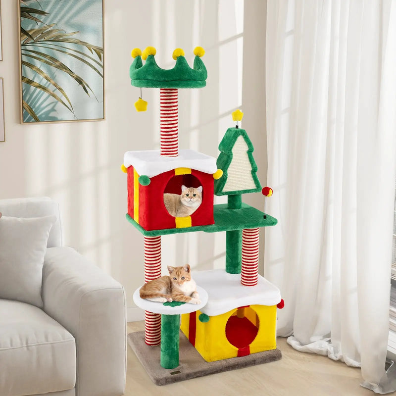 Cute Christmas Cat Tree Cat Tower for Indoor Cats with Scratching Posts and Carpet-Multicolor by DirectDeals