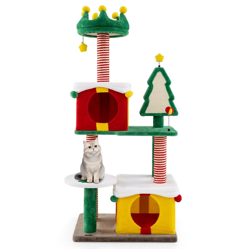Cute Christmas Cat Tree Cat Tower for Indoor Cats with Scratching Posts and Carpet-Multicolor by DirectDeals