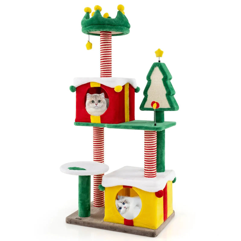 Cute Christmas Cat Tree Cat Tower for Indoor Cats with Scratching Posts and Carpet-Multicolor by DirectDeals