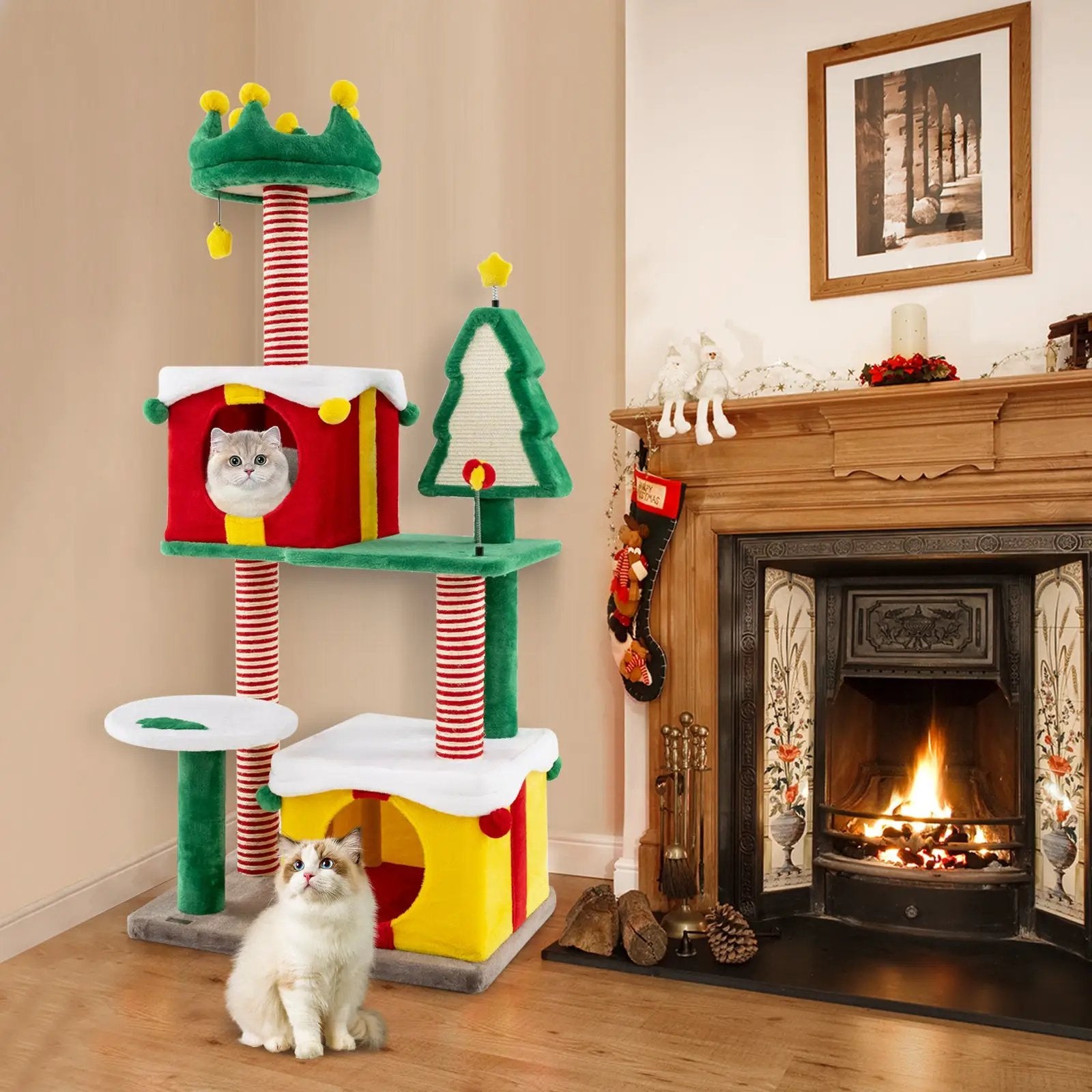 Cute Christmas Cat Tree Cat Tower for Indoor Cats with Scratching Posts and Carpet-Multicolor by DirectDeals