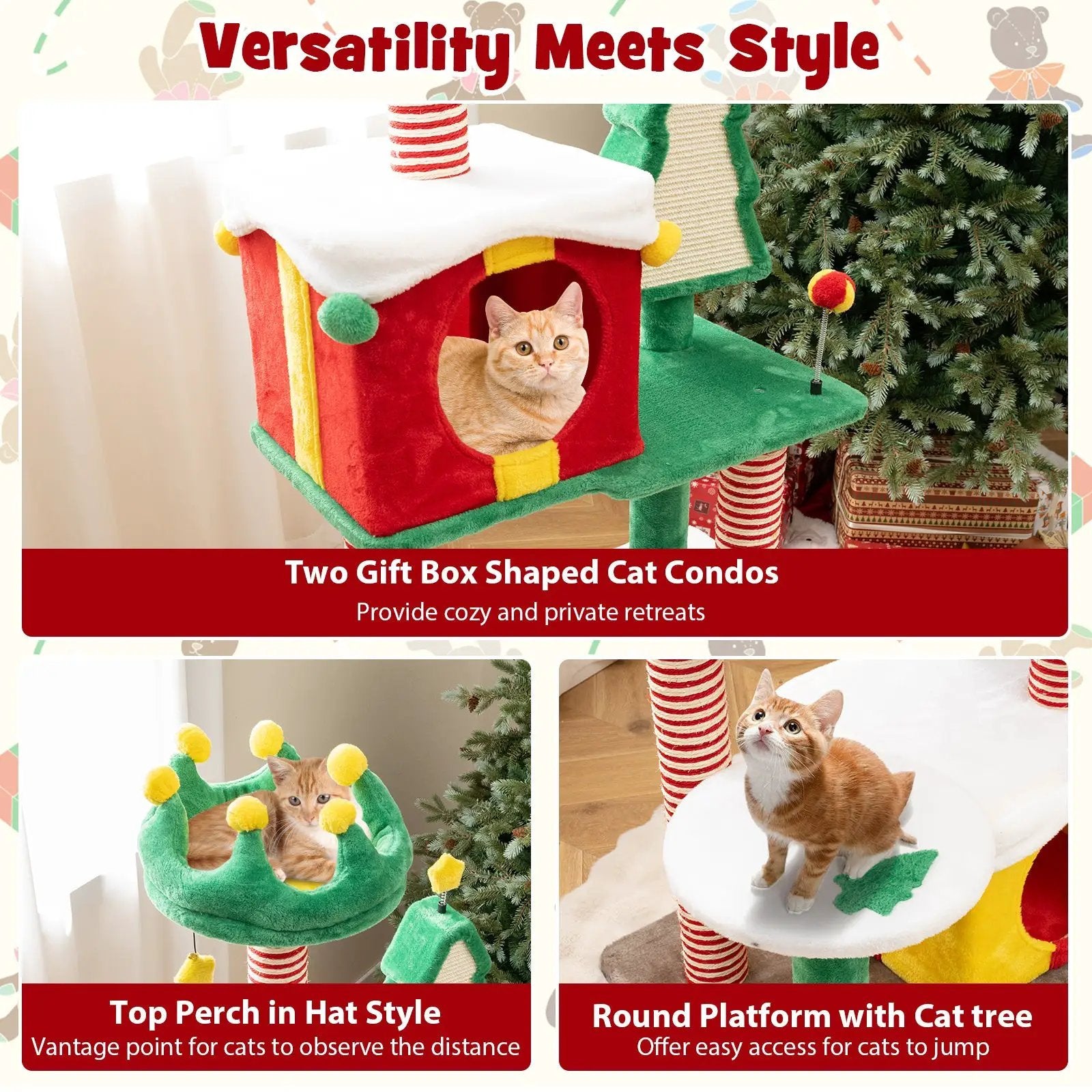 Cute Christmas Cat Tree Cat Tower for Indoor Cats with Scratching Posts and Carpet-Multicolor by DirectDeals