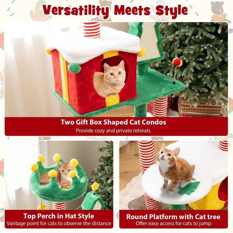 Cute Christmas Cat Tree Cat Tower for Indoor Cats with Scratching Posts and Carpet-Multicolor by DirectDeals