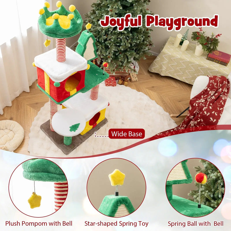 Cute Christmas Cat Tree Cat Tower for Indoor Cats with Scratching Posts and Carpet-Multicolor by DirectDeals