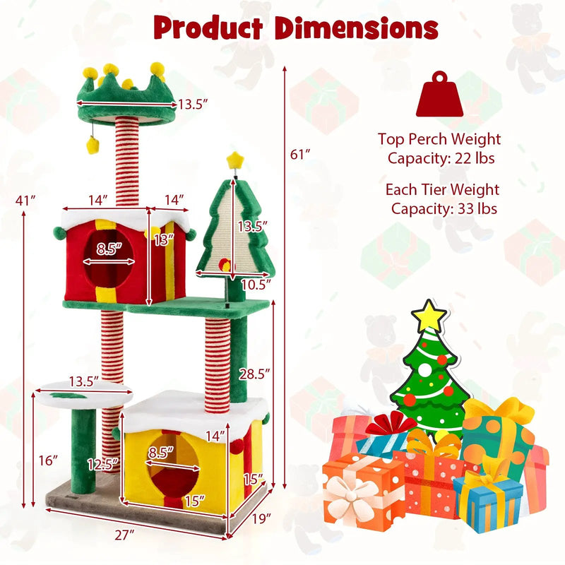 Cute Christmas Cat Tree Cat Tower for Indoor Cats with Scratching Posts and Carpet-Multicolor by DirectDeals