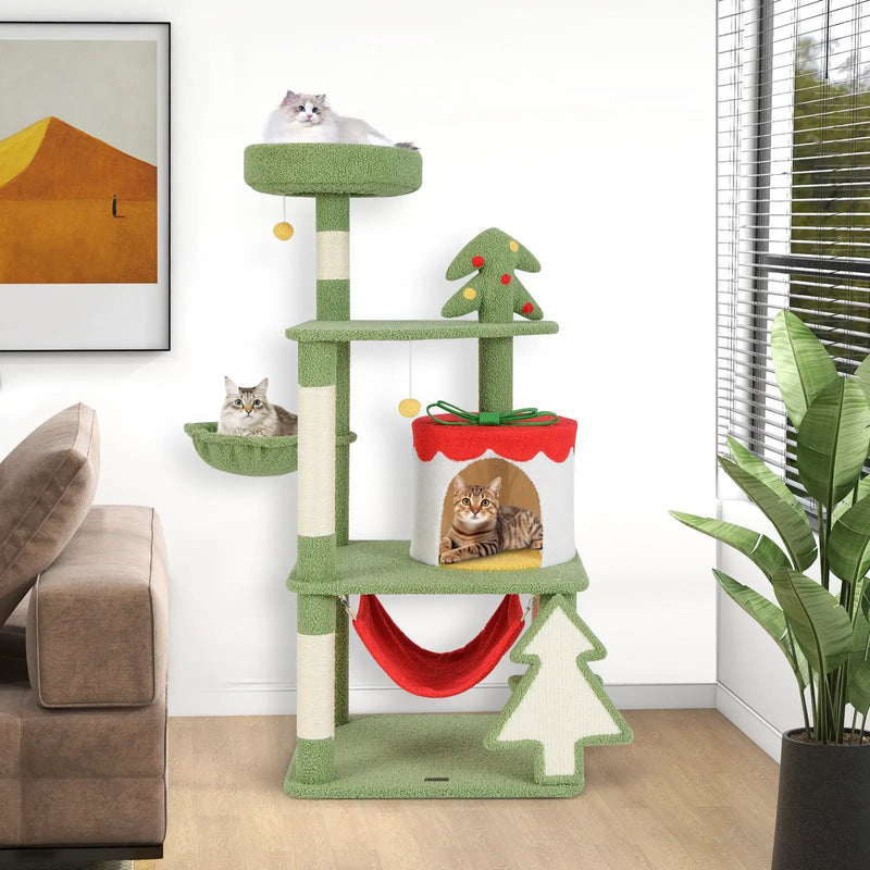 Cute Christmas Cat Tree with Sisal Scratching Posts and Gift Box Shaped Condo-Green by DirectDeals