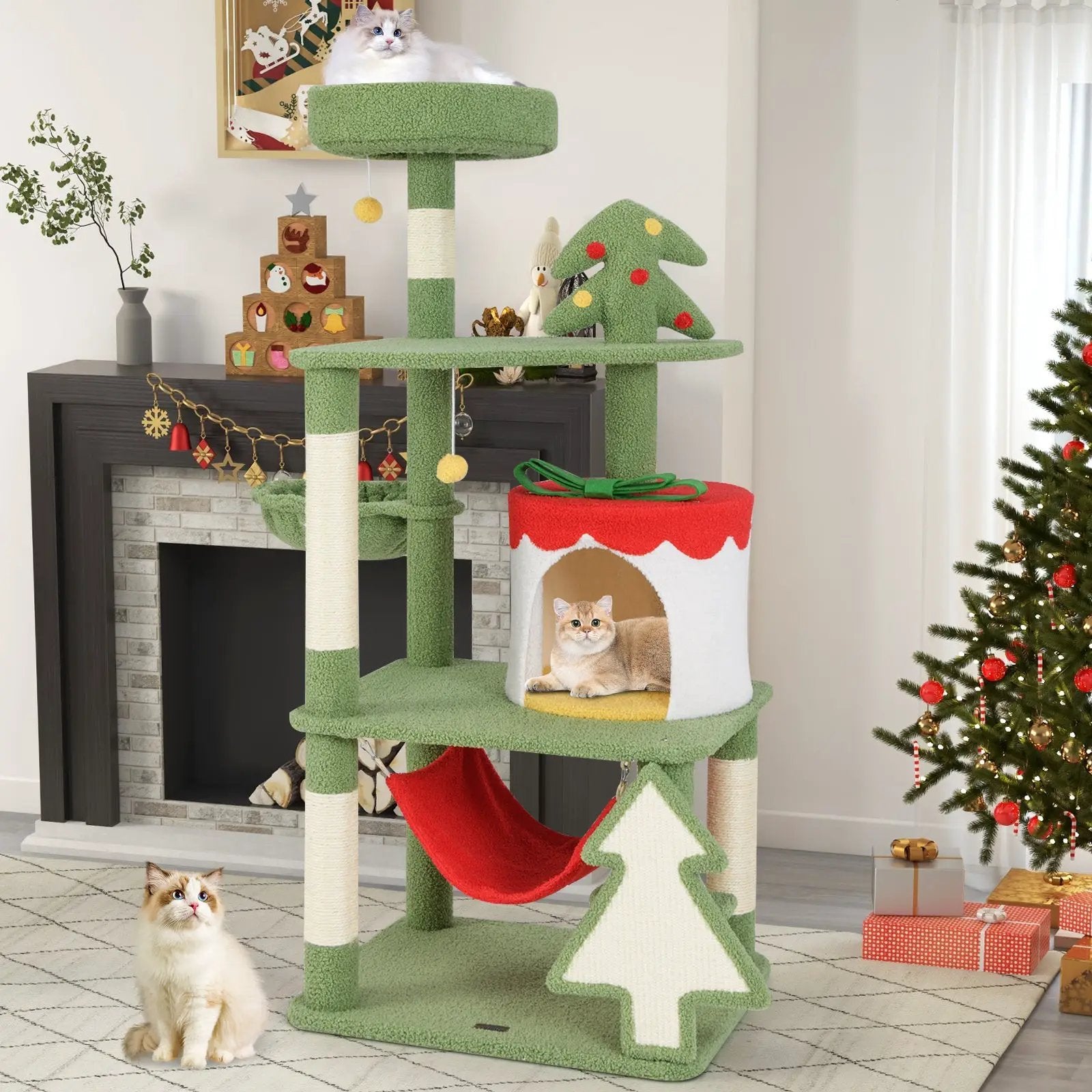 Cute Christmas Cat Tree with Sisal Scratching Posts and Gift Box Shaped Condo-Green by DirectDeals
