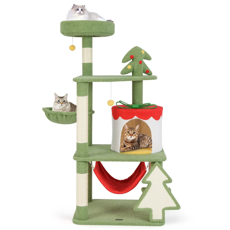 Cute Christmas Cat Tree with Sisal Scratching Posts and Gift Box Shaped Condo-Green by DirectDeals