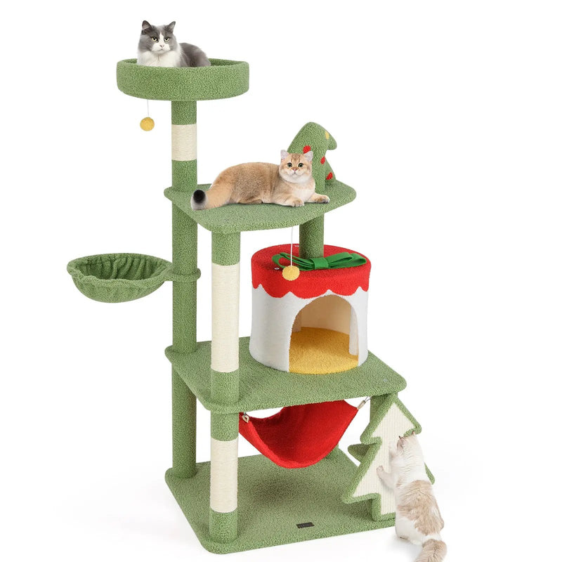 Cute Christmas Cat Tree with Sisal Scratching Posts and Gift Box Shaped Condo-Green by DirectDeals