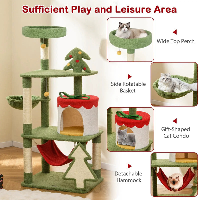 Cute Christmas Cat Tree with Sisal Scratching Posts and Gift Box Shaped Condo-Green by DirectDeals