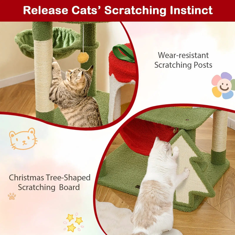 Cute Christmas Cat Tree with Sisal Scratching Posts and Gift Box Shaped Condo-Green by DirectDeals