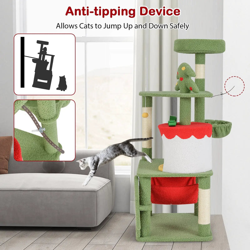 Cute Christmas Cat Tree with Sisal Scratching Posts and Gift Box Shaped Condo-Green by DirectDeals