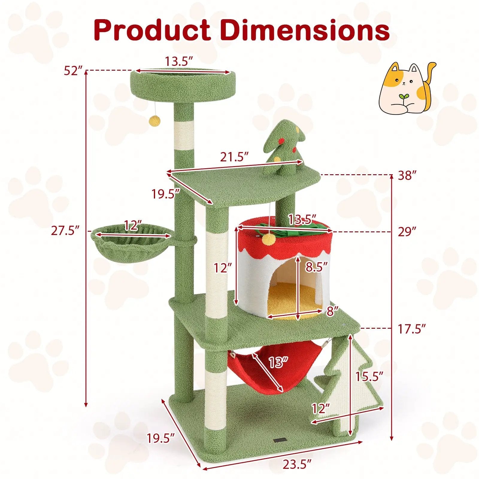 Cute Christmas Cat Tree with Sisal Scratching Posts and Gift Box Shaped Condo-Green by DirectDeals
