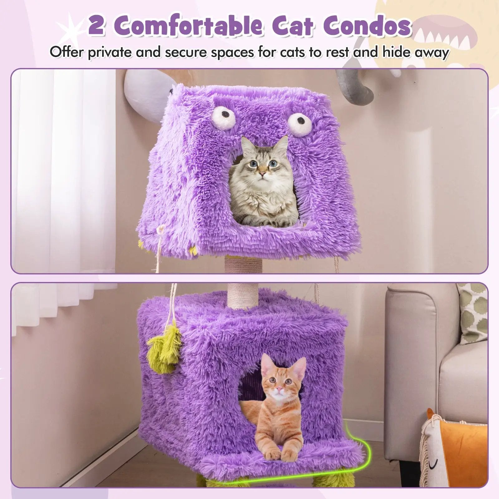 Cute Monster-Themed Cat Tower with 2 Private Condos for Small Place-Purple by DirectDeals