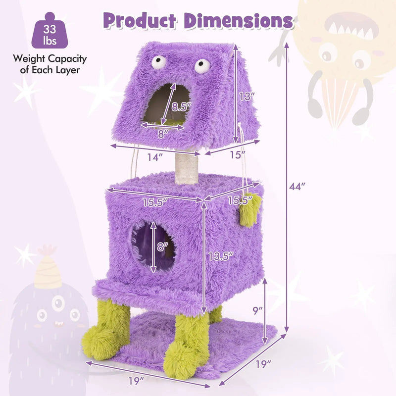 Cute Monster-Themed Cat Tower with 2 Private Condos for Small Place-Purple by DirectDeals