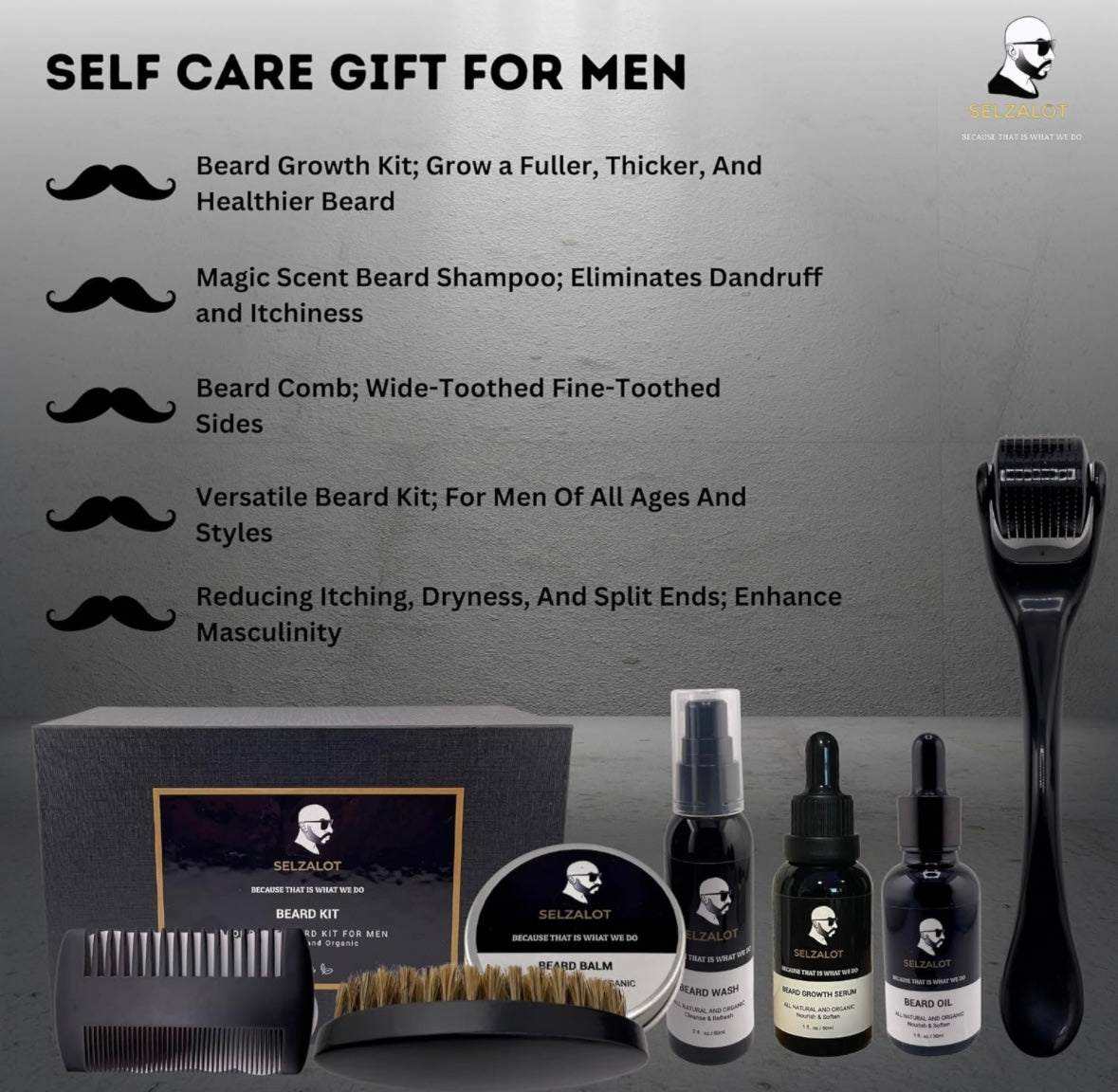 SELZALOT Beard Growth Kit Facial Hairs Men's Grooming Set 7 Pieces Beard Products with Oil, Serum, Balm, Shampoo, Comb, Brush and Hand Beard Care Kit for Men Men Self Care by Selzalot