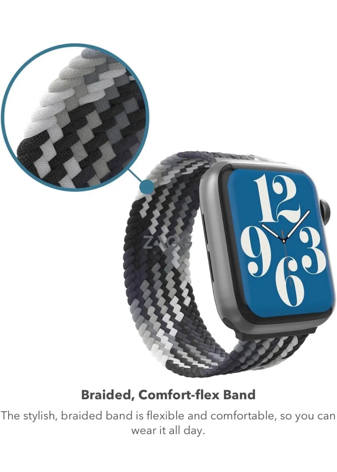 ZAGG Gear4 Braided Stretchy Solo Loop Band – LG – Storm - Compatible with Apple Watch 42mm 44mm 45mm, Elastic Strap Wristbands for iWatch Series 7/6/SE/5/4/3/2/1, Large (705009501) by Selzalot