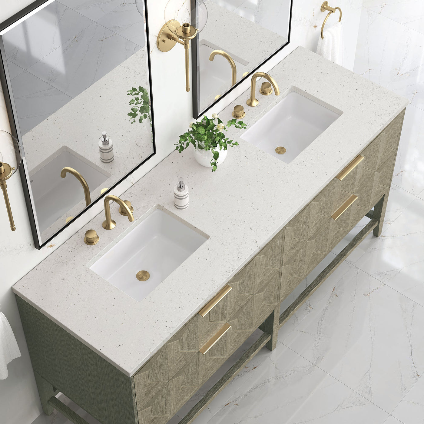 James Martin Emmeline 72" Double Bathroom Vanity, Pebble Oak with Lime Delight countertop