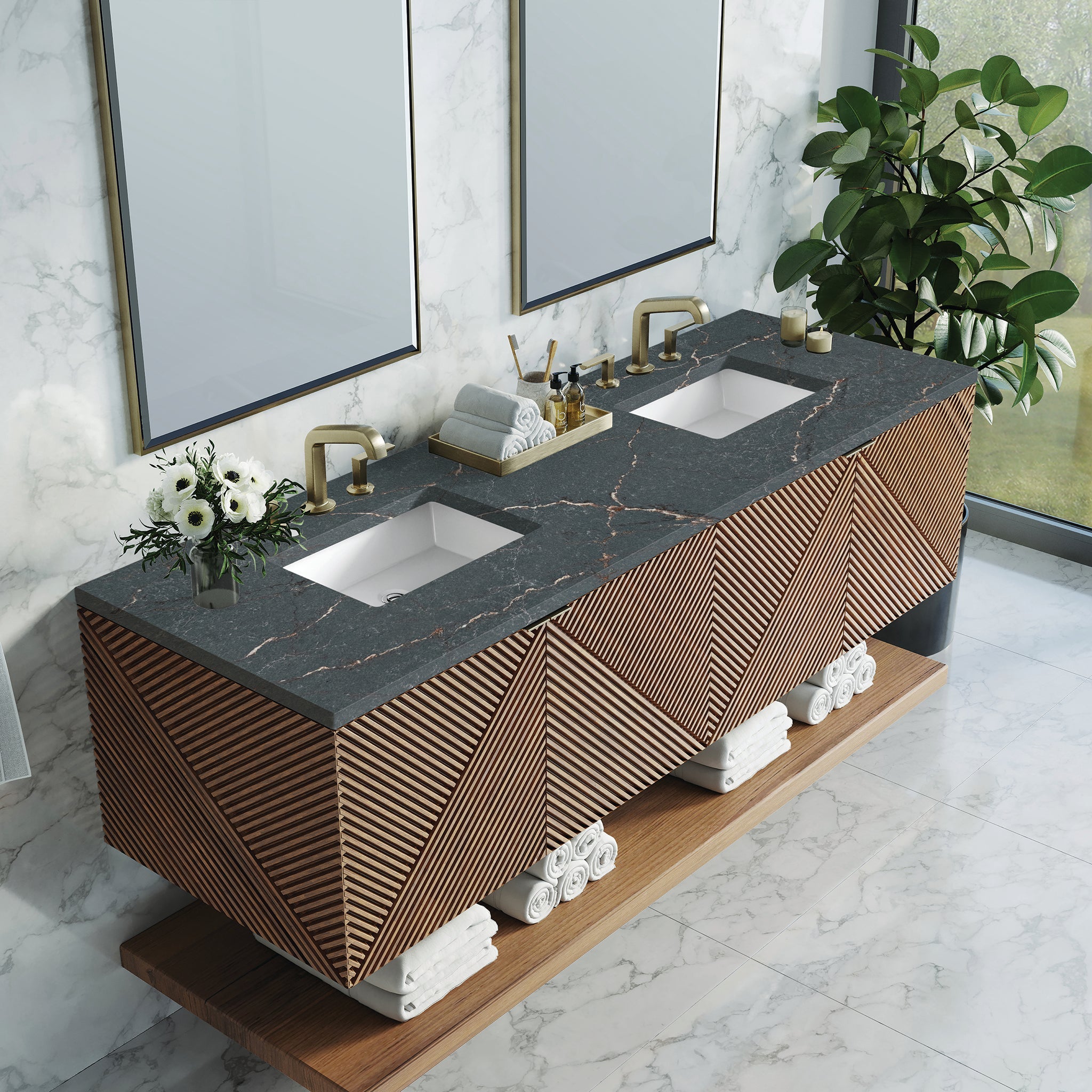 James Martin Marcello 72" Floating Double Bathroom Vanity, Chestnut with Parisien Bleu countertop