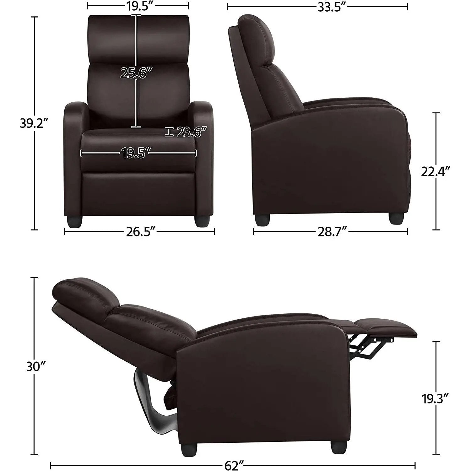 Dark Brown High-Density Faux Leather Push Back Recliner Chair by HomePacific