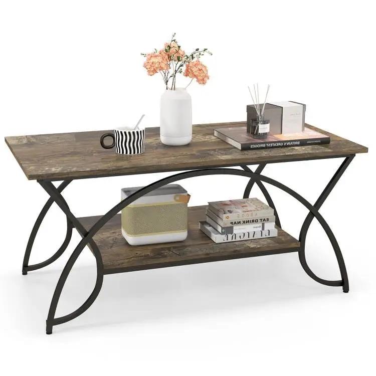 Rustic Farmhouse 2 Tier Brown Wood Coffee Table with Curved Metal Legs by HomePacific