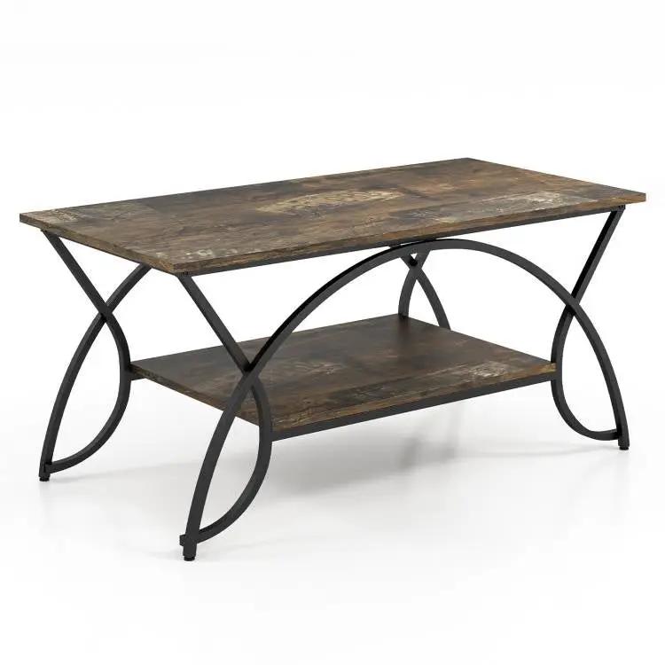 Rustic Farmhouse 2 Tier Brown Wood Coffee Table with Curved Metal Legs by HomePacific