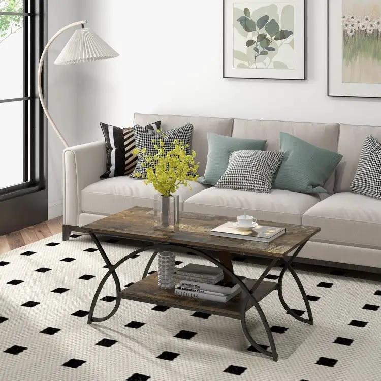 Rustic Farmhouse 2 Tier Brown Wood Coffee Table with Curved Metal Legs by HomePacific